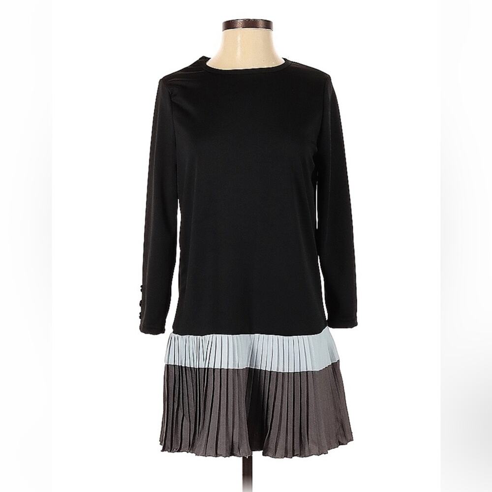 Unbranded drop waist and pleated skirt long sleeved mini dress, black and grey s